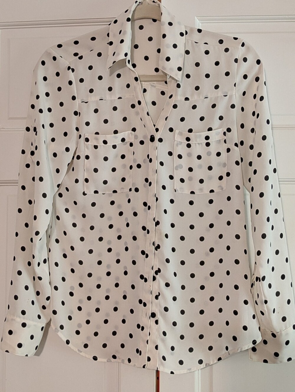 Express White Button-Down Shirt with Black Polka Dots